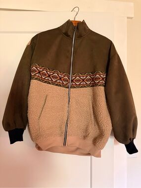 Olive Green and Beige Sherpa Zip-Up Jacket